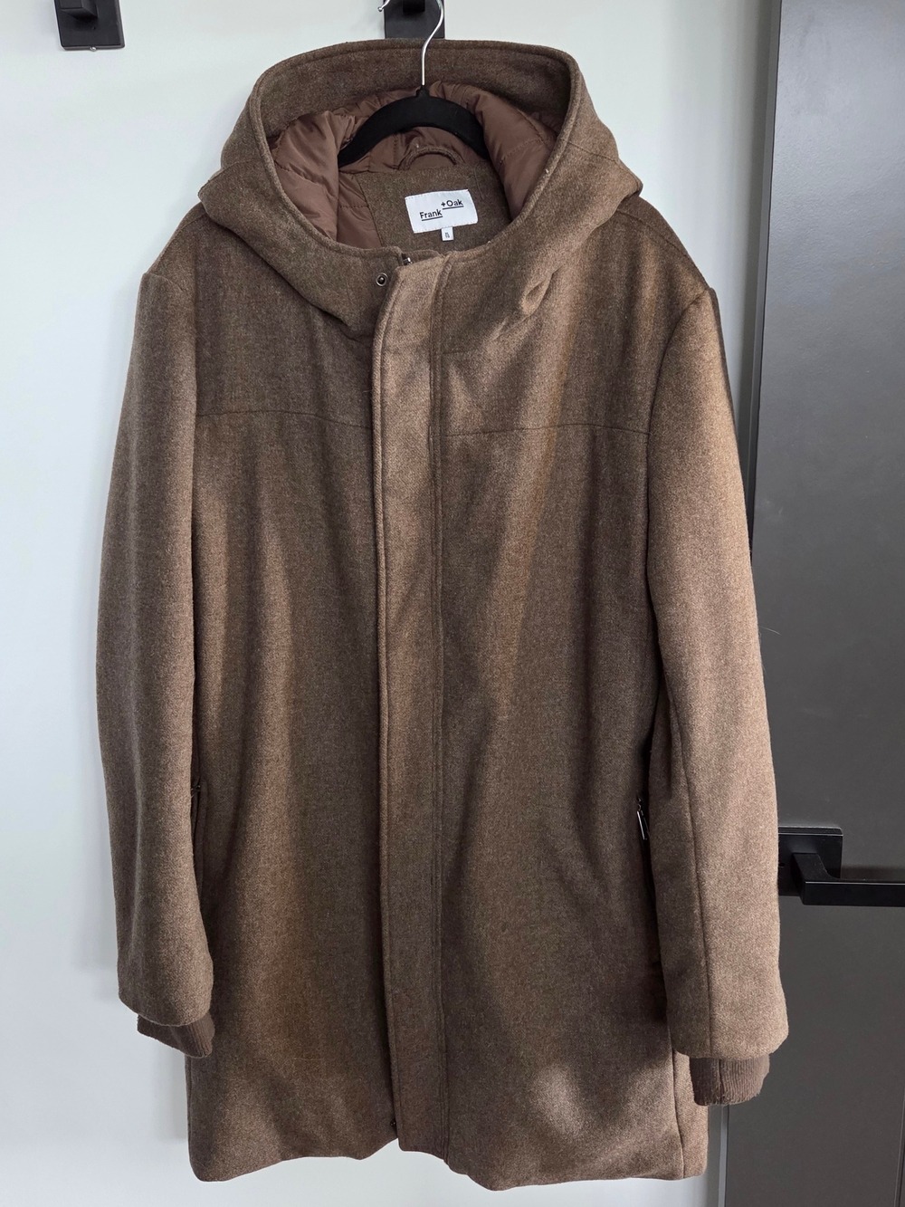 Frank And Oak Wool Blend Hooded Coat Jacket Brown Taupe XL